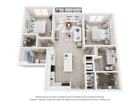 Floor plan for 2 beds, 2 baths, 1058 sqft